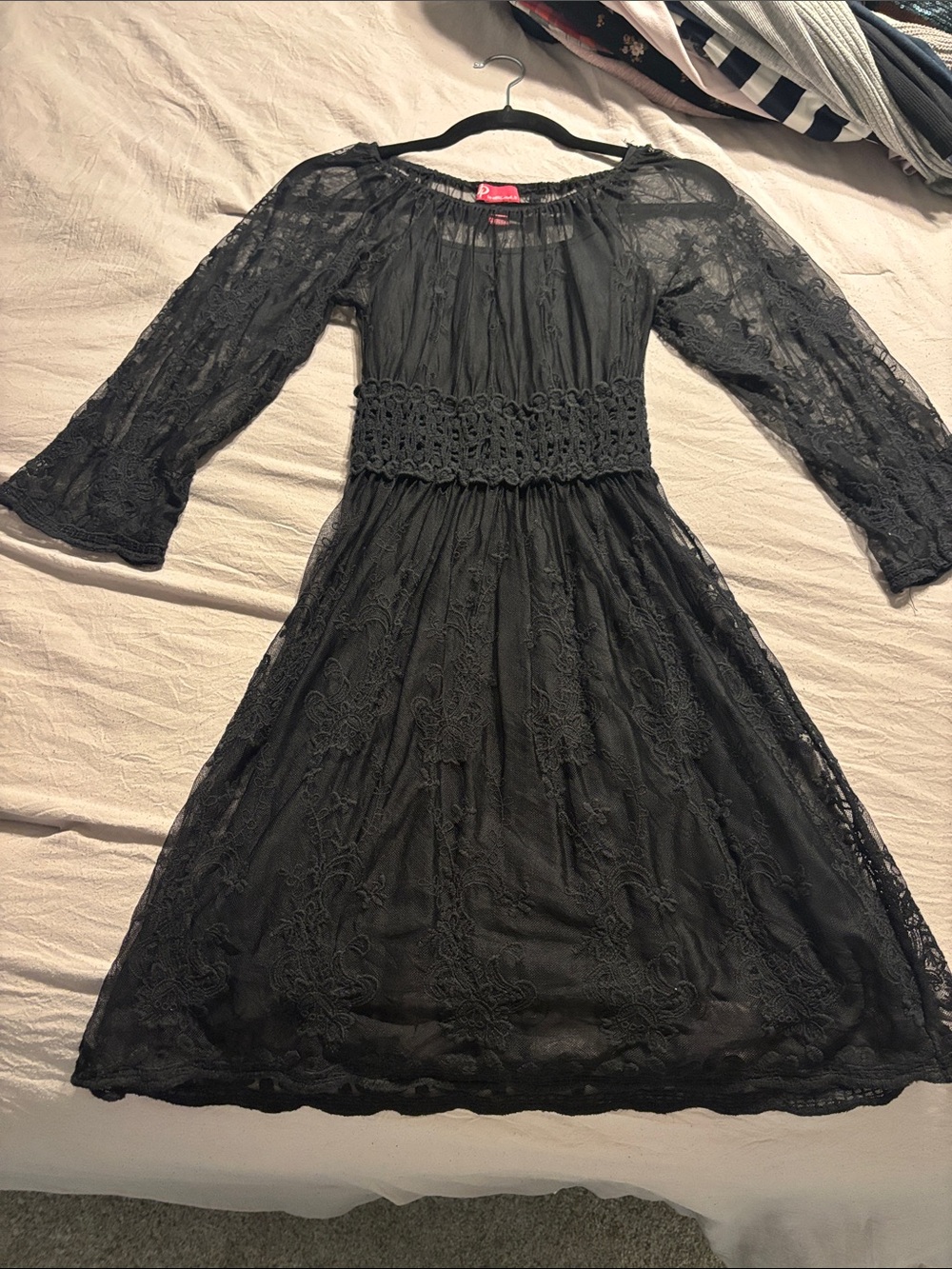 Ultra Pink Black Lace Long-Sleeve Midi Dress